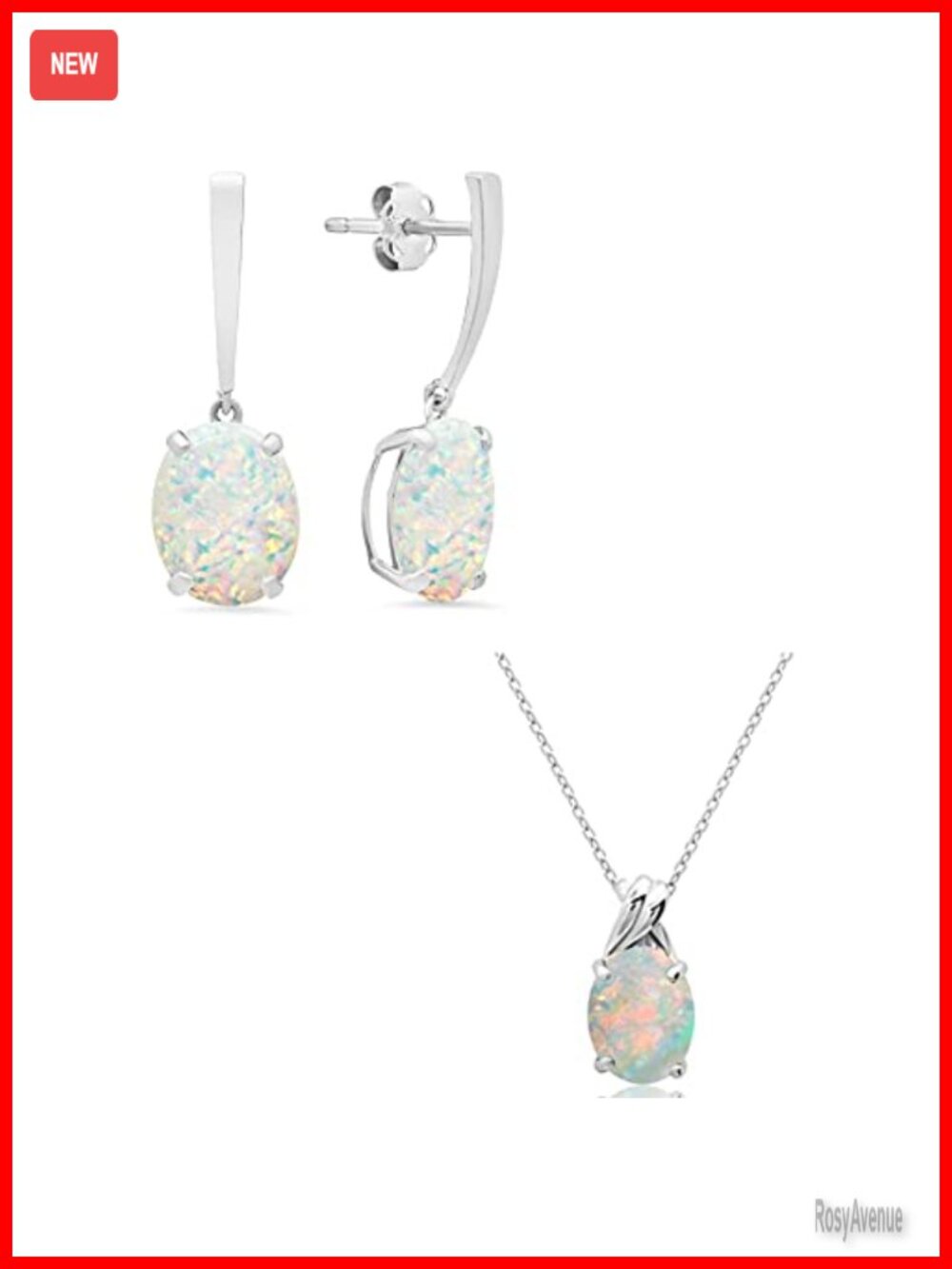 14k White Gold Opal Drop Dangle Earrings & Pendant Necklace Set